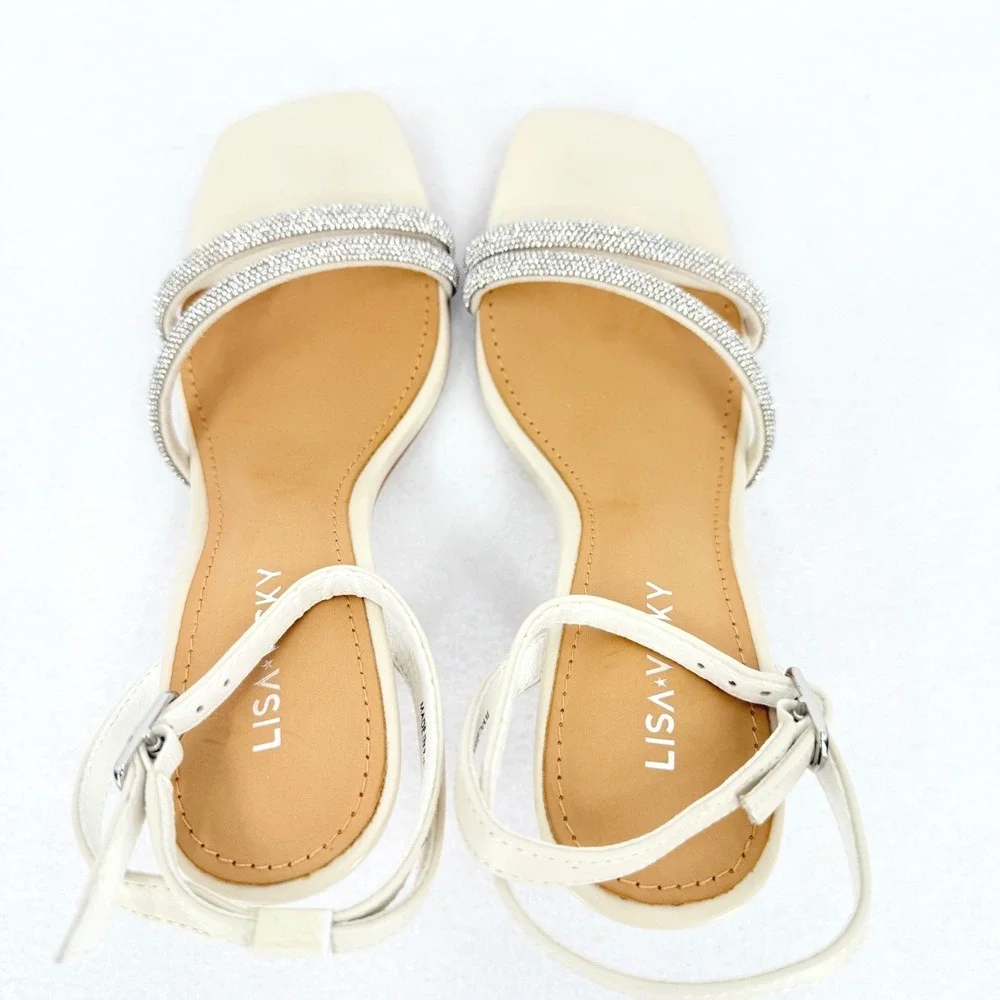 Lisa Vicky Gem V Women's Cream Square Toe Rhinestone Strap Heels Size 6M NWOB